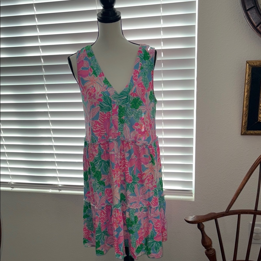Lilly Pulitzer Lorina Swing Sleeveless Floral V-Neck Sundress in Pink & Green